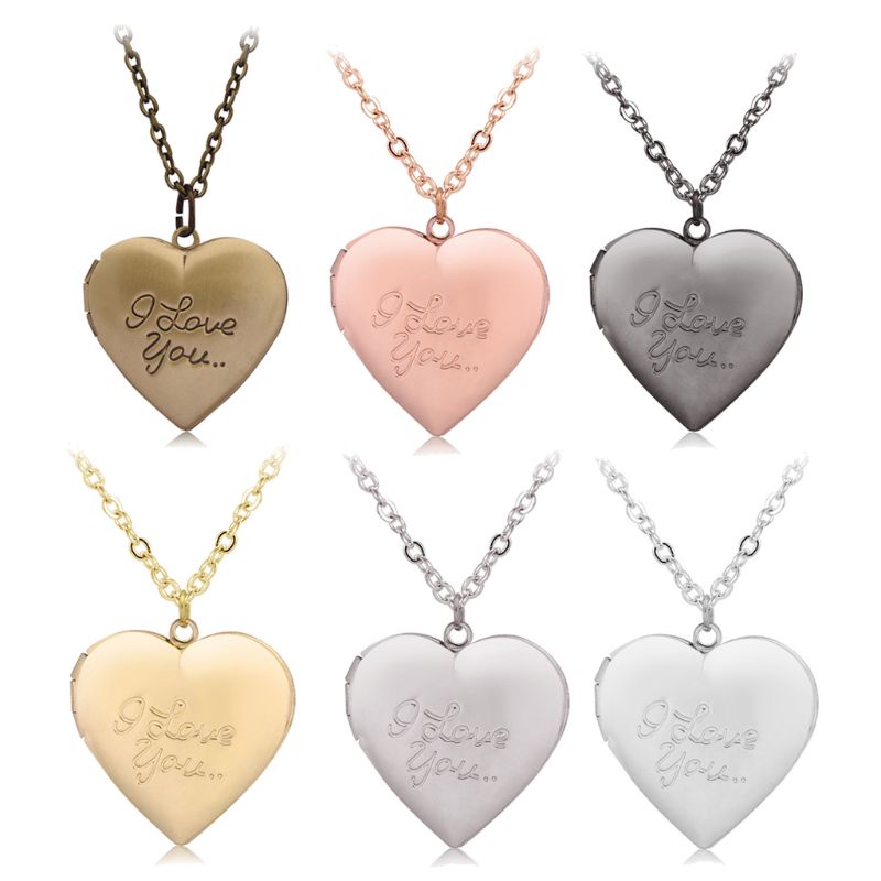 Glitter Customized Heart-Shape I Love You Engraved Locket Necklace DIY Photo Box Jewelry