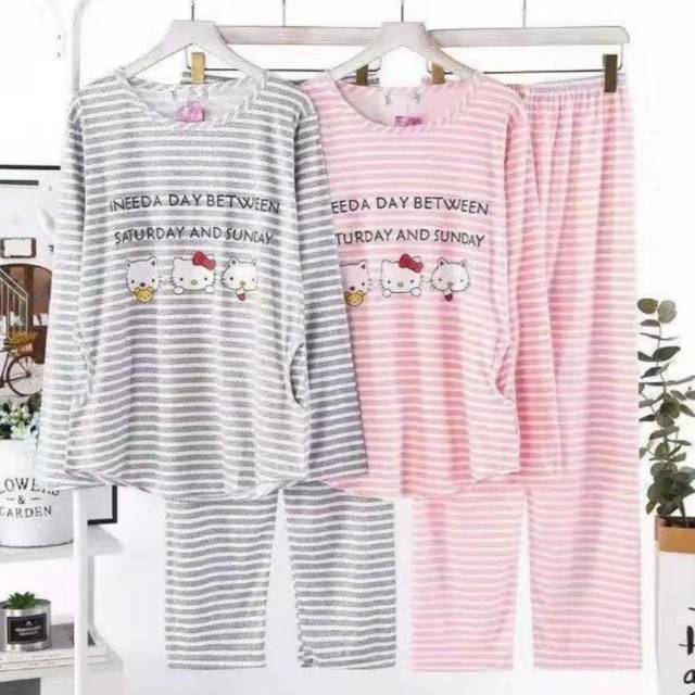 Set Baju tidur impor wanita dewasa piyama motif salur hello kitty