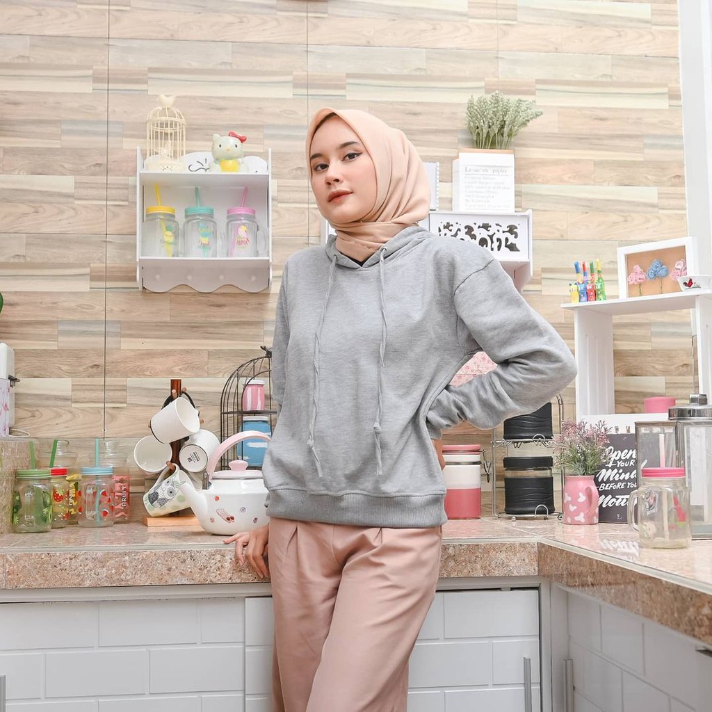 Hoodie Crop Bella - Allsize - Bahan Fleece - Wanita