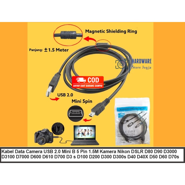 Kabel Data Camera USB 2.0 Mini B 5 Pin 1.5M Kamera Nikon DSLR D80 D90 D3000 D3100 D7000 D600 D610 D7