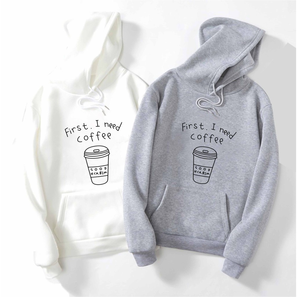 FenishaStore Sweater Hoodie Kantong Depan First I Need Cofee Bisa Bayar Ditempat COD