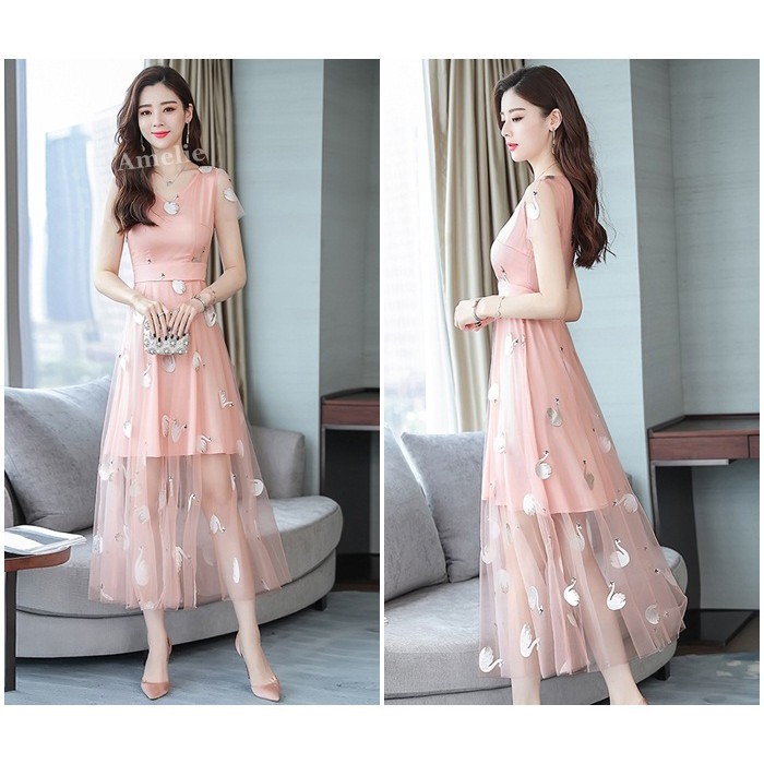 [baju wanita korea]  Midi Mini Dress Gaun Pesta Malam Wanita Korea Import Hitam Black Pink