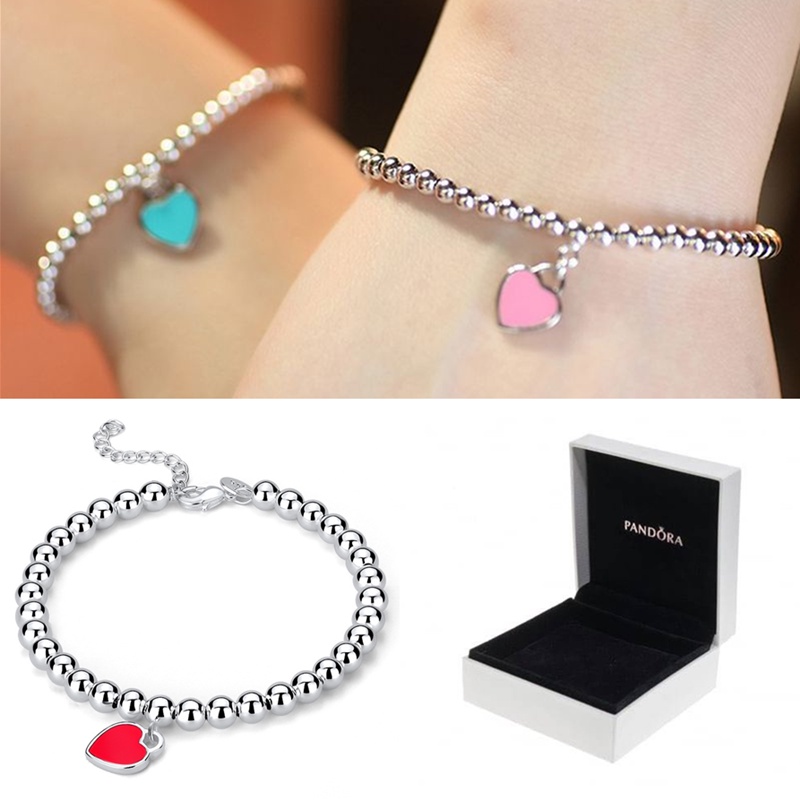 Pandora Gelang S925 Silver Manik-Manik Enamel Bentuk Hati Gaya Klasik Untuk Wanita