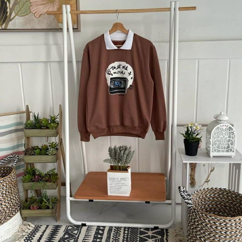 Old Movie Sweater Combi Kerah Premium Fleece Tebal Outerwear Remaja Wanita Korean Style