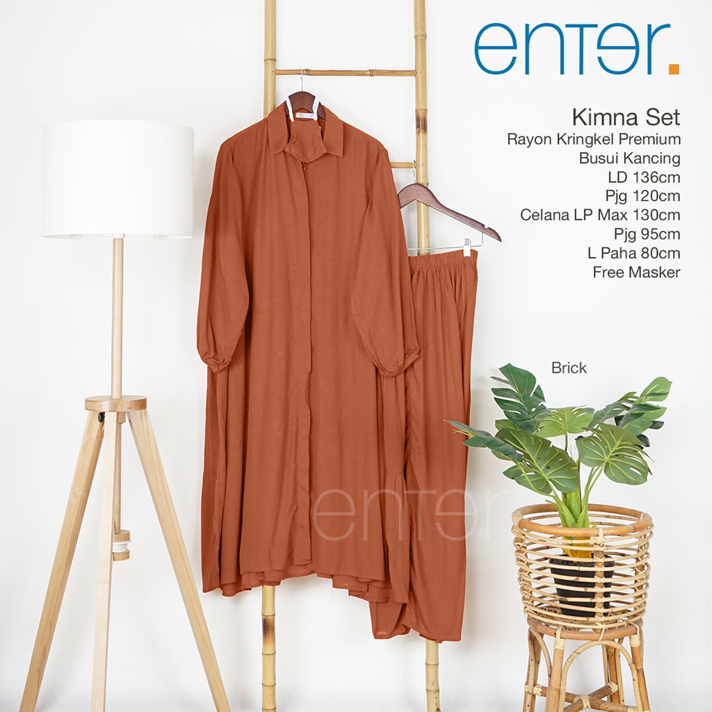 Enter Kimna Set Stelan Wanita Kekinian Crinkle Airflow Baju Setelan Jumbo LD 130 One Set Long Tunik-Brick