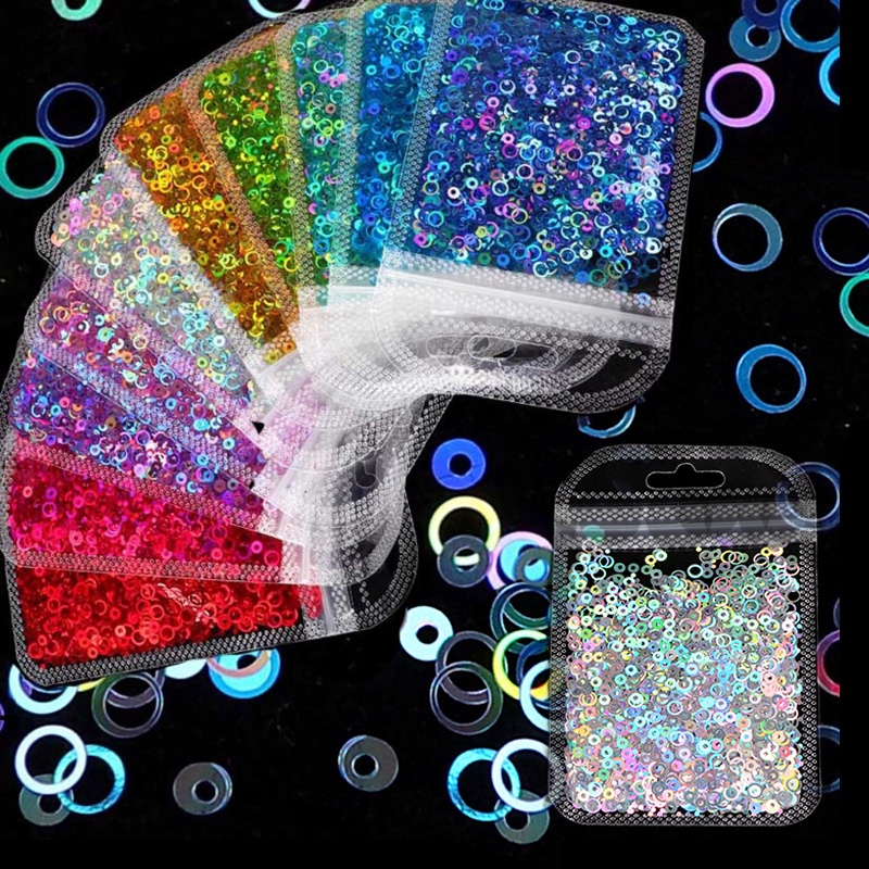 SIY  10 Colors Hollow Round Shape Holographic Chunky Glitter Epoxy Resin Festival Chunky Laser- Flakes  Mixed Sequins 2g Per