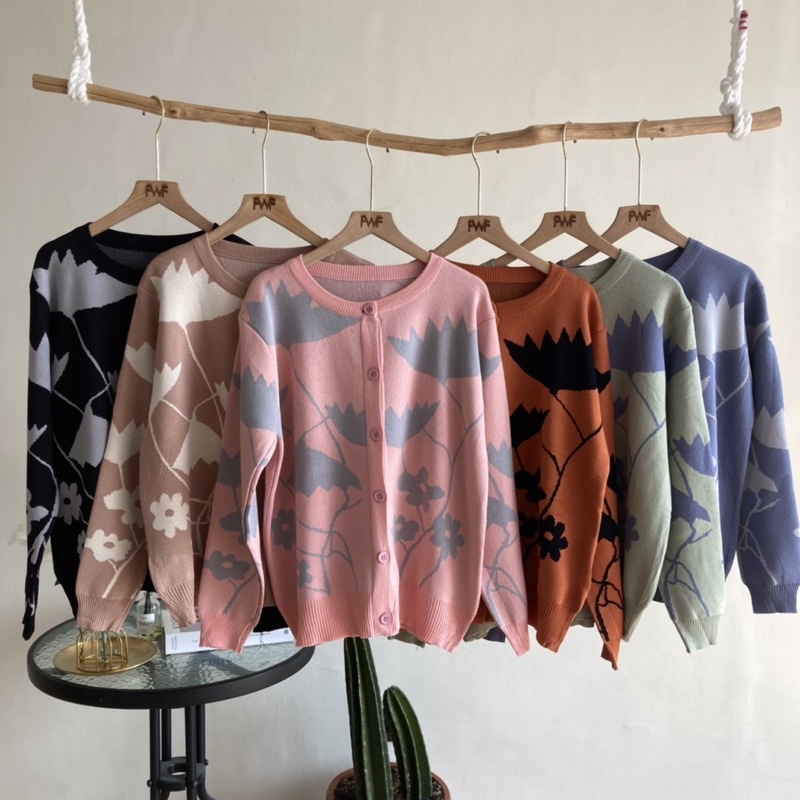 Knit Cardigan Crew Neck Motif / Cardi Outer Rajut Wanita Import