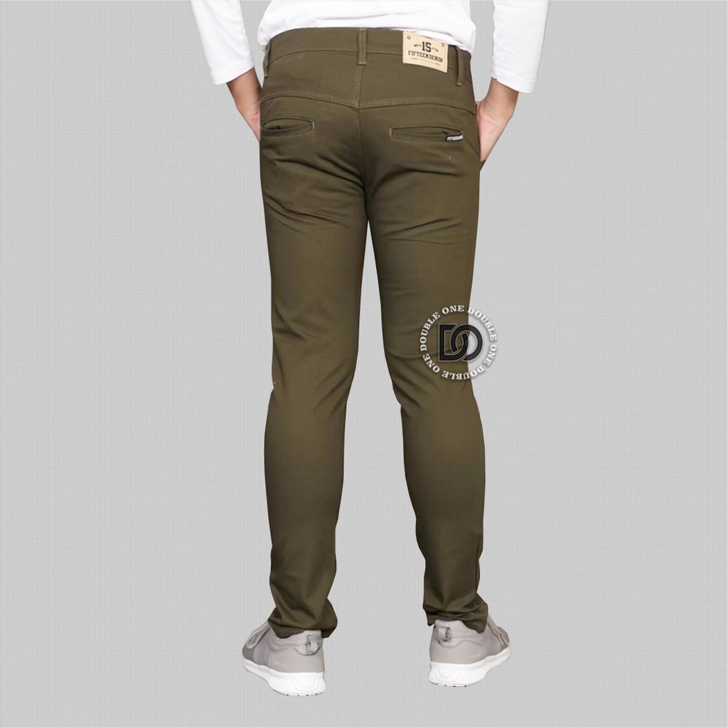 DOUBLE ONE - Celana Chino Panjang Original FIFTEEN DENIM / Chino Panjang Pria / Celana Chino Panjang Cowok / Chino Pants Kasual / Celana Panjang Pria Katun Stretch Hijau Army