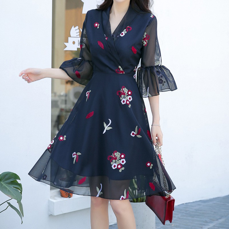 Dress Midi Lengan Setengah Bahan Sifon Motif Bunga Gaya Korea