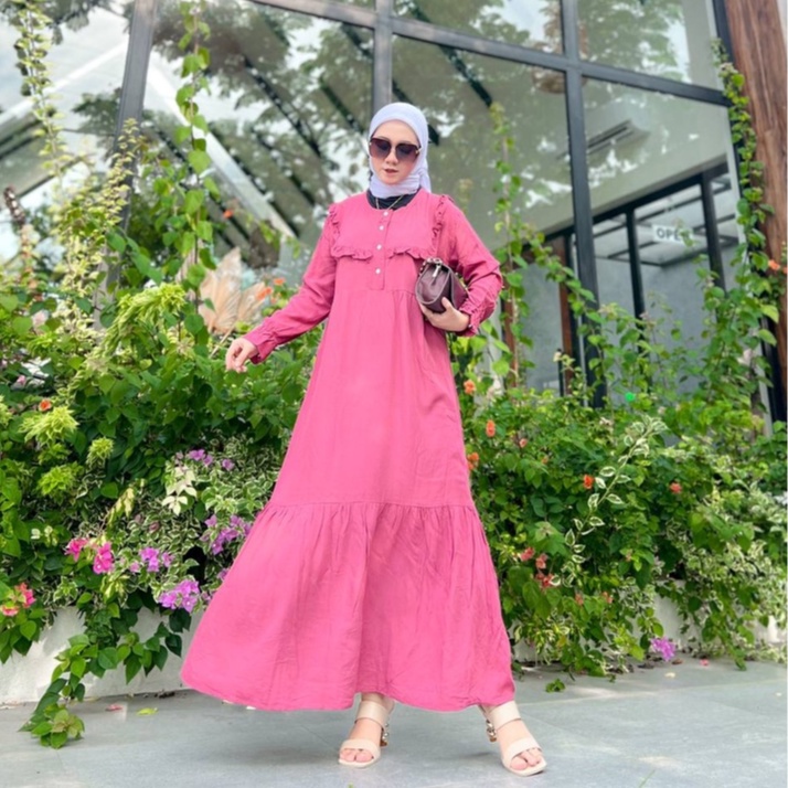 Gamis Midi Dress Alaya Bahan Rayon Fashion Muslim Wanita Terbaru Kancing Depan