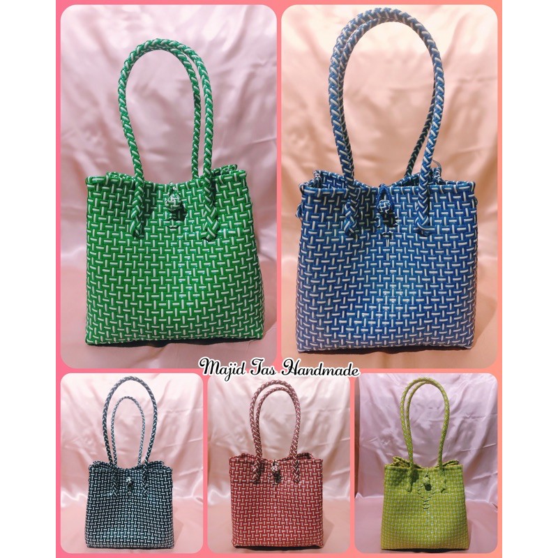 Tas Tote Wanita Anyaman Plastik Jali Warna Garis Putih / Tas Murah Jali Anyaman / Tas Belanja Pasar Berkualitas ~ READY STOK