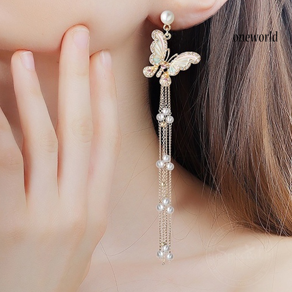 OW@ Lady Bling Rhinestone Inlaid Butterfly Long Tassel Faux Pearl Drop Stud Earrings