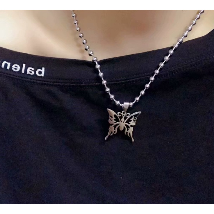 Kalung Desain Kupu-Kupu Hollow Bahan Stainless Steel Gaya Hip Hop Punk