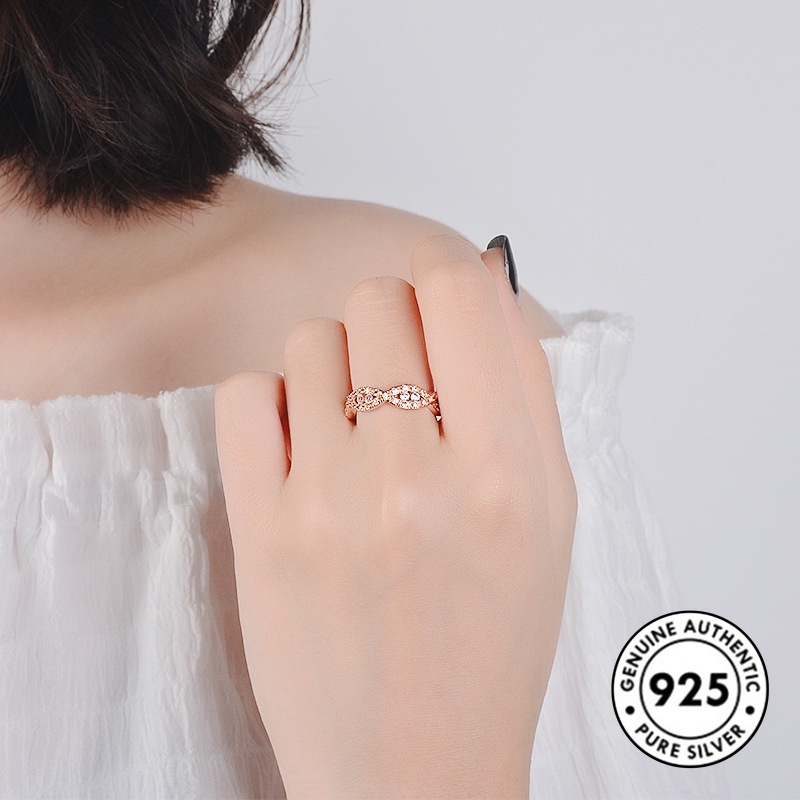 Cincin Sterling Silver 925 Model Silang Warna Rose Gold Dengan Berlian Imitasi Untuk Wanita