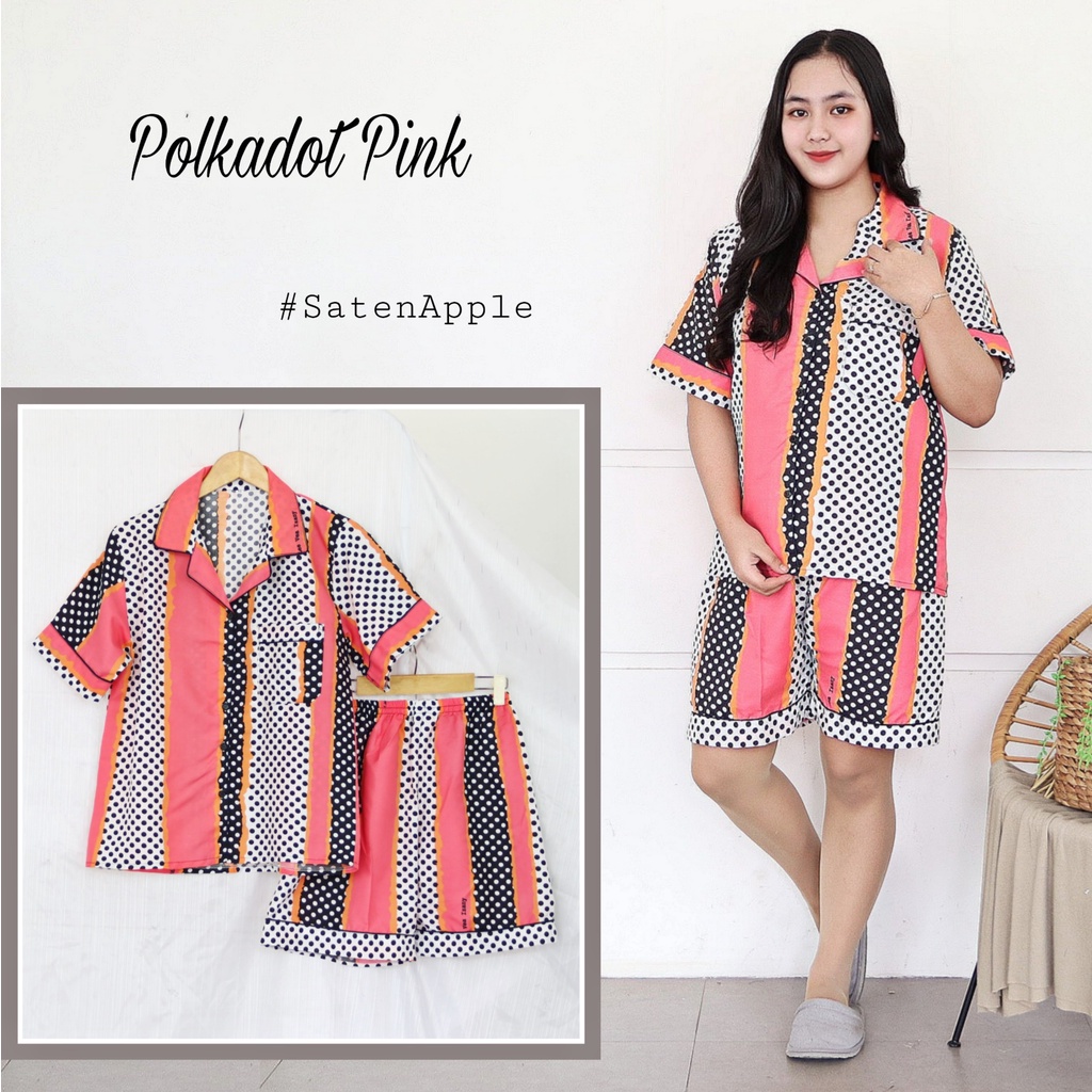 IZANY Piyama Dewasa Hotpant Combina Allsize / HP  Combina Saten Apple LD 100-POLKADOT PINK