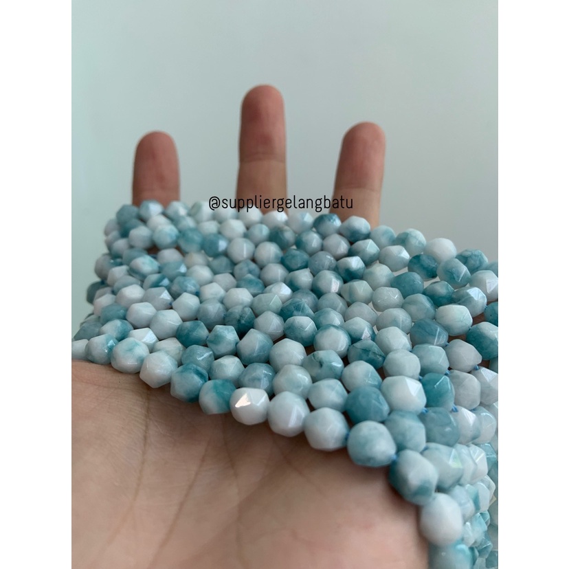 batu hexagon Stone 8mm white blue agate akik biru putih agatis natural bahan kalung gelang aksesories lucu