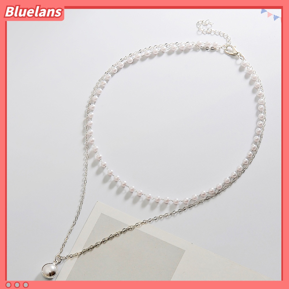 Kalung Rantai Klavikula Liontin Mutiara Tiruan Lapisan Ganda Gaya Simple Untuk Perhiasan