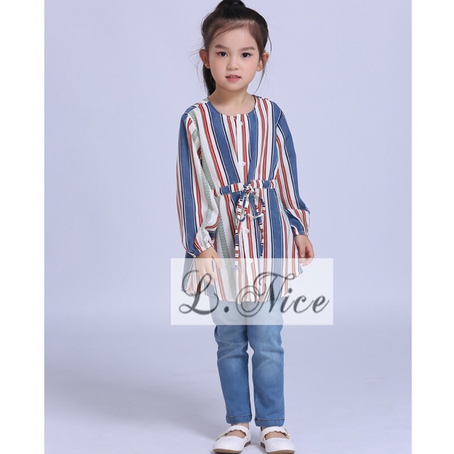 Setelan baju kemeja garis dan celana jeans anak perempuan Lnice