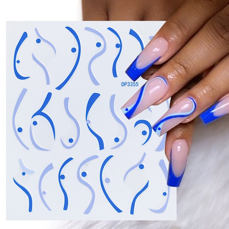 Stiker Kuku 3D Motif Garis Gelombang Warna Biru Putih Untuk Dekorasi Nail Art