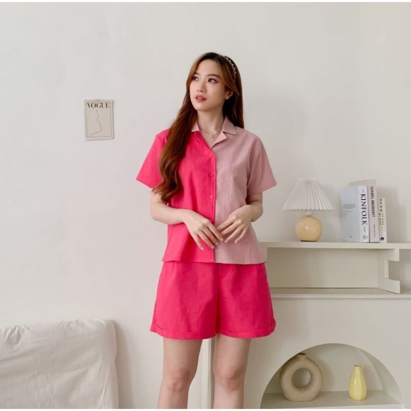 setelan kode 4555 set wanita import two tone dylan set cute bagus murah katun linen crinkle adem kor