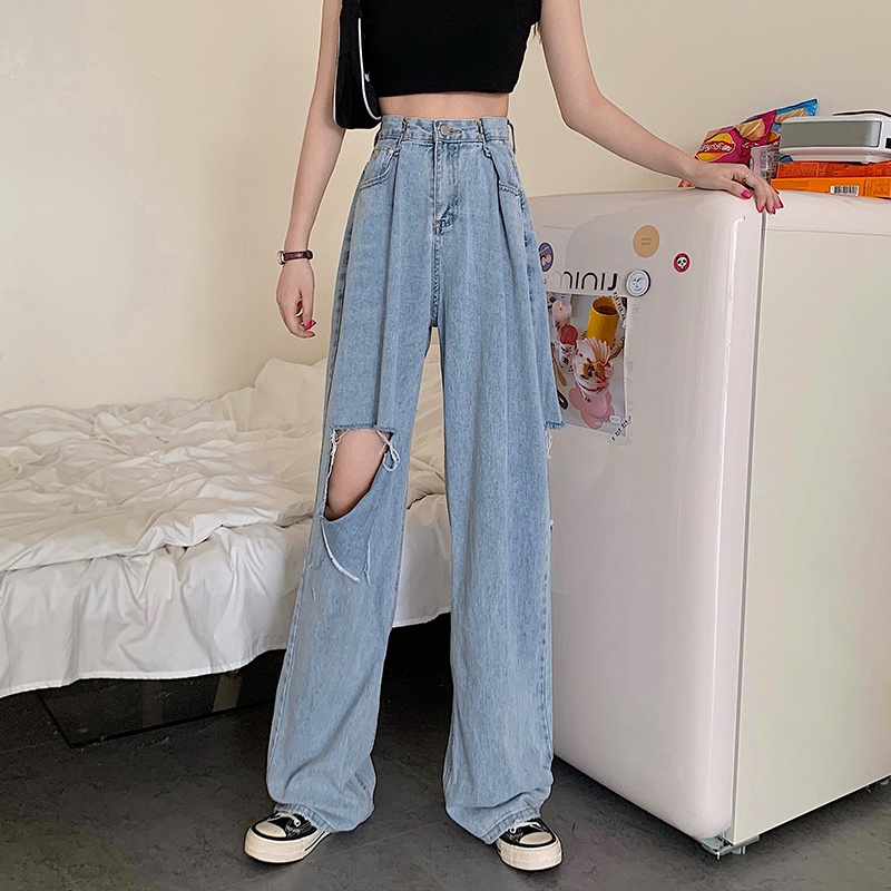 Ripped celana jeans high waist wanita kulot Korea style loose kasual celana lebar pants