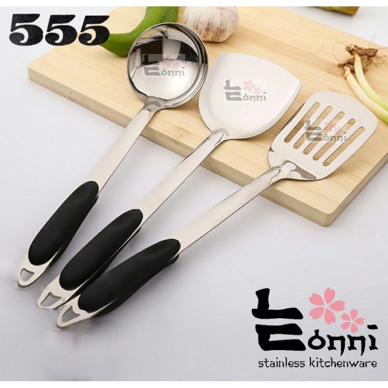 1 SET Sendok sup spatula datar berlubang murah tebal stainless impor 555 menumis menggoreng sutil