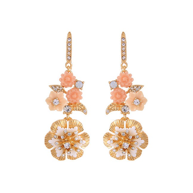LRC Anting Gantung Fashion Gold Color Flowers&amp;diamond Long Earrings