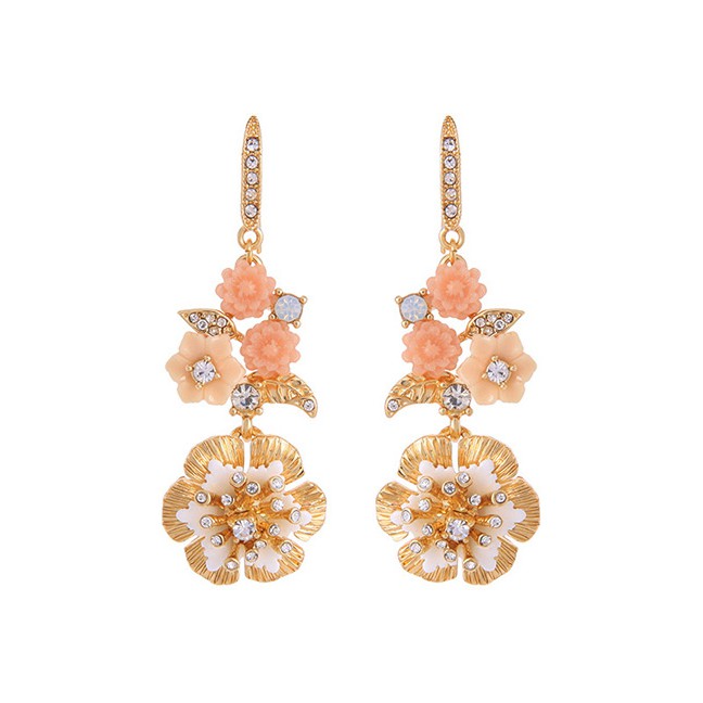 LRC Anting Gantung Fashion Gold Color Flowers&amp;diamond Long Earrings