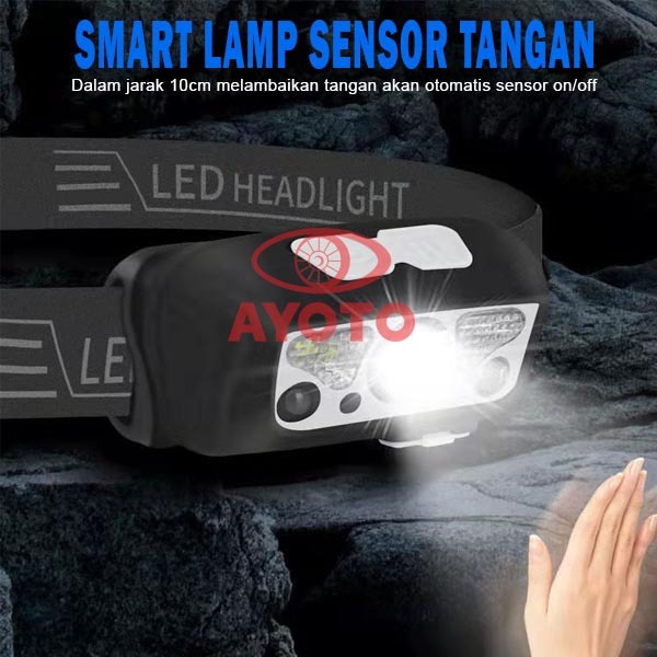 LAMPU LED MINI SENTER KEPALA 5 Mode USB Charger Multi Fungsi Anti Air Sensor Tangan