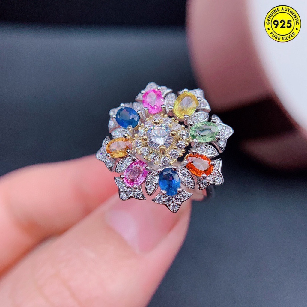 Cincin Model Terbuka Aksen Batu Permata Sapphire Warna-Warni