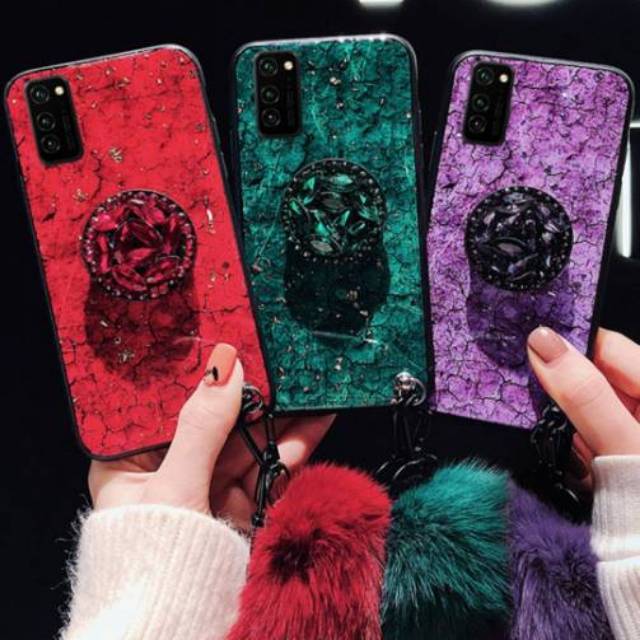 Case glass glitter oppo a92,a52,a91,reno 3,a31 softcase marmer bling foil emas tali dan dudukan