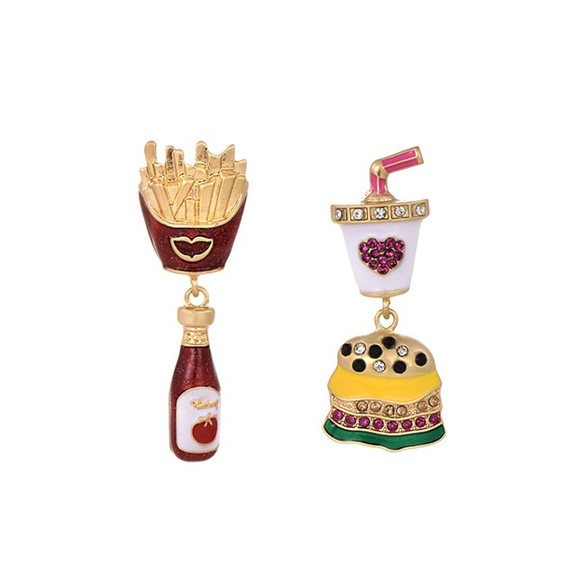 LRC Anting Tusuk Fashion Color Alloy Rhinestone Burger Fries Cola Asymmetric Earrings D45510