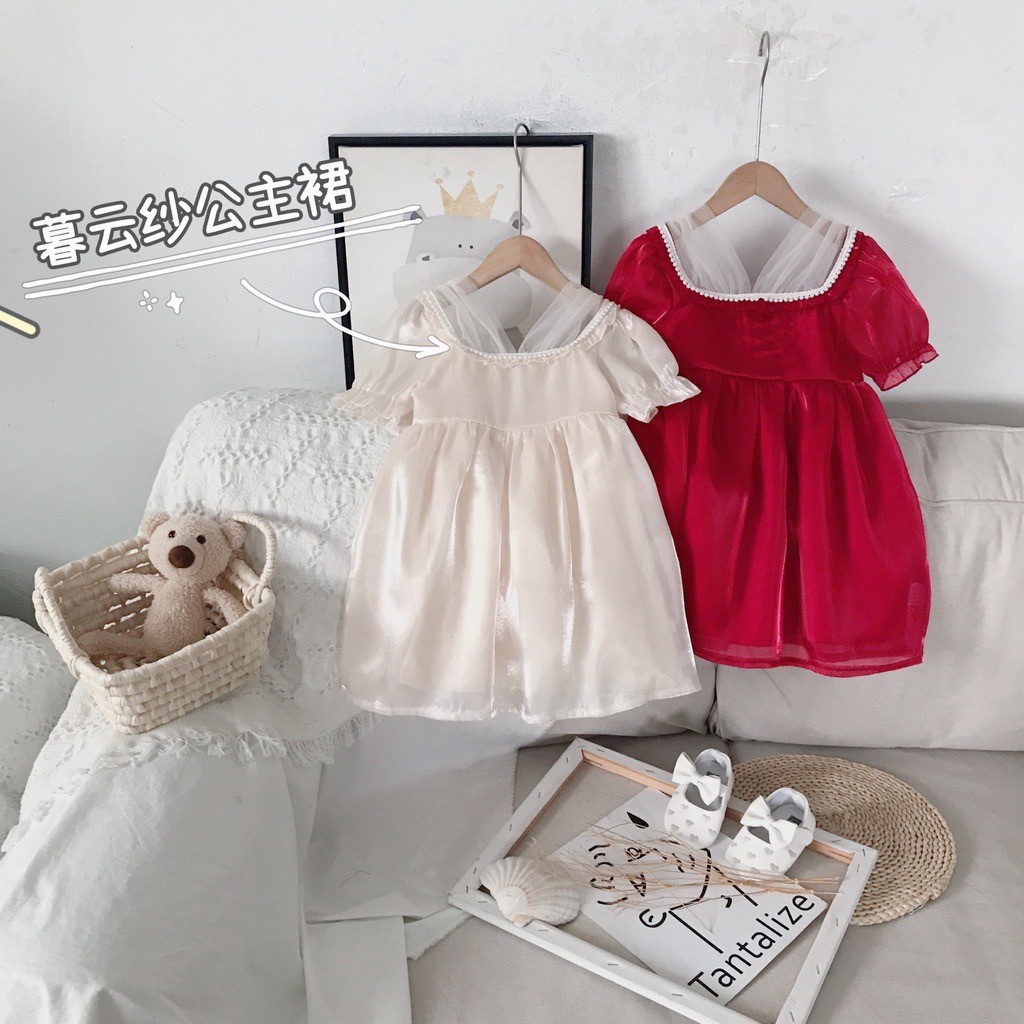 Dress Princess Anak Perempuan Korean Fashion Color Red dan Cream Short Sleeve Gaun