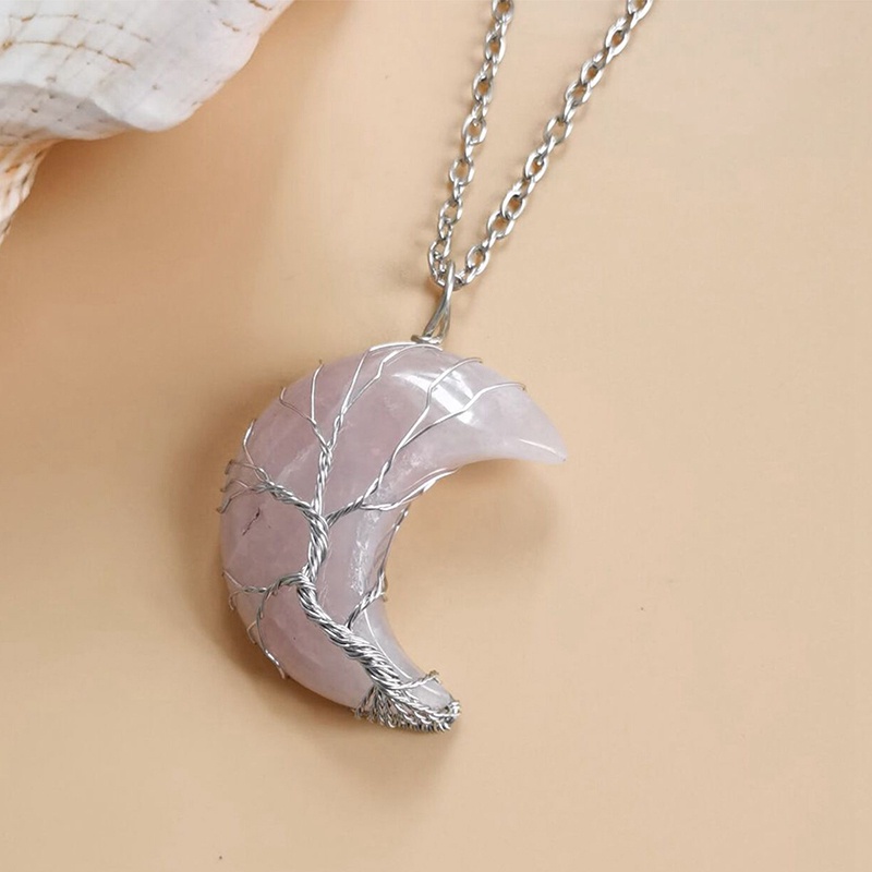 Kalung Rantai Liontin Bulan Sabitpohon Kehidupan Hias Batu Alam Aventurine Quartz Kristal Untuk Wanita