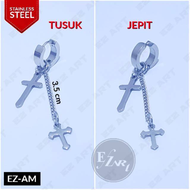 1Pc Model EZ-AM Silver Anting Salib Ganda Pria dan Wanita Jepit Tusuk Variasi Bandul