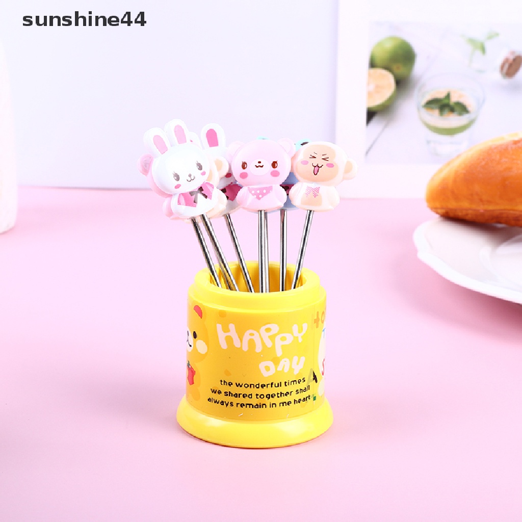 Sunshine 1 Set Garpu Buah / Dessert Bentuk Binatang Bahan Stainless Steel Warna Pelangi Dengan Toples Penyimpanan