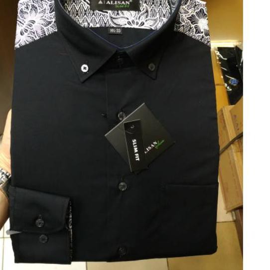 ✫ Kemeja Pria Alisan Slimfit Hitam Panjang Kombinasi Pundak Batik Exclusive ➶