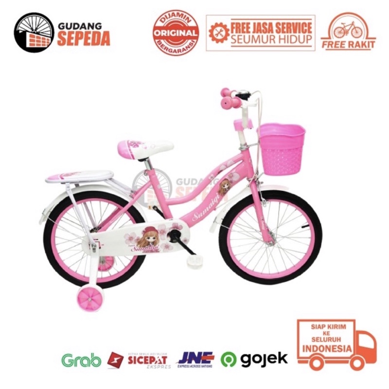 Khusus Gojek Instan Sepeda Anak Perempuan  cewek wanita Evergreen Daisy 12 16 18 inch Ungu Pink termurah  SNI Penguin COD kredit cewek BMX mini Ban hidup pompa karet bukan plastik eva terbaik gratis service seumur hidup keranjang boncengan ungu pink SNi-7
