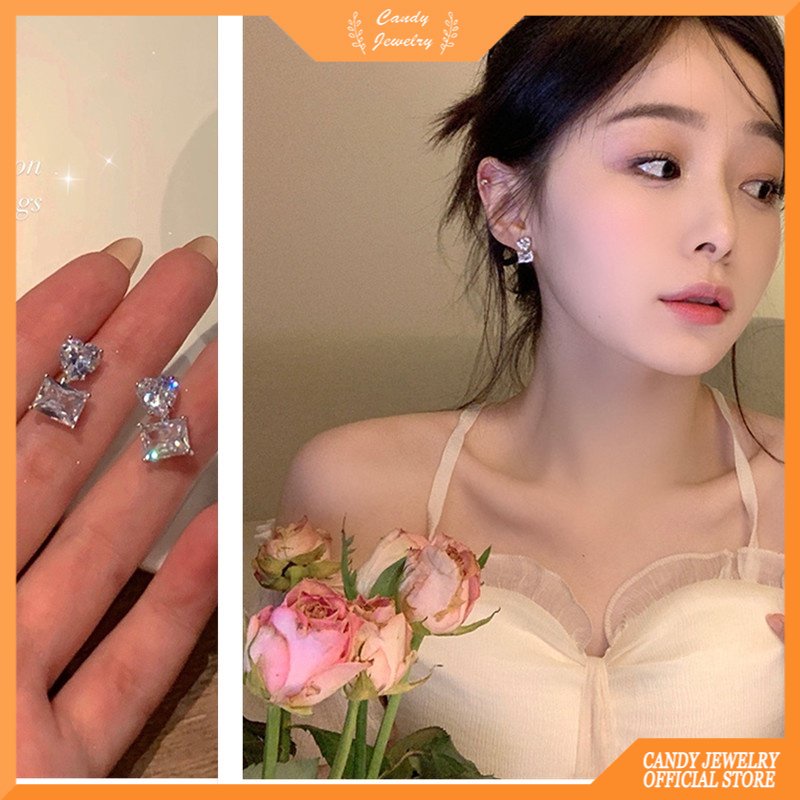 Anting Stud 925 Sterling Silver Bentuk Hati Aksen Berlian Untuk Wanita