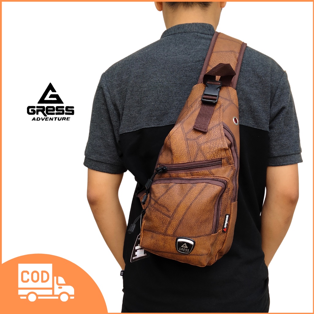 Tas Selempang Slempang Sling Bag Pria Cowok Semi Kulit PU Leather Gress DG005 Murah