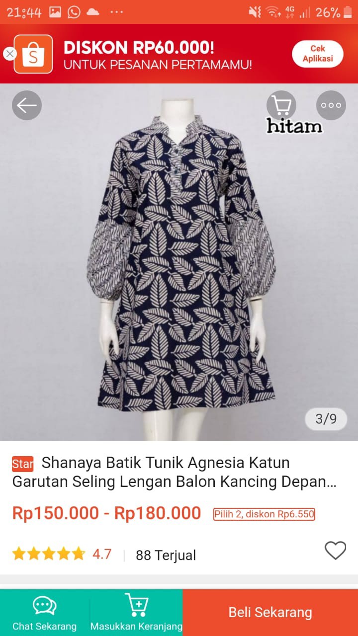 Shanaya Batik Tunik Agnesia Katun Garutan Seling Lengan Balon Kancing Depan Hidup Size S M L Xl