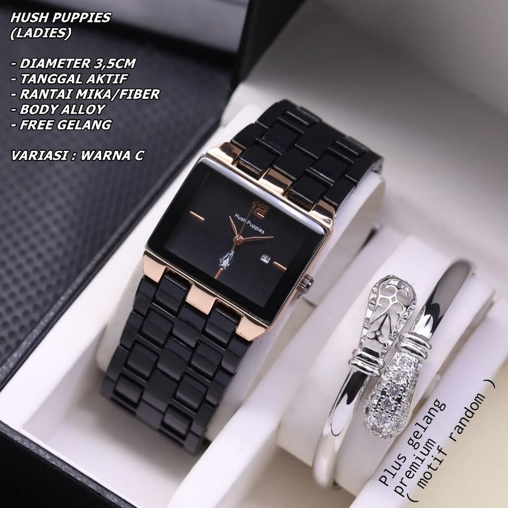 (BISA COD) JAM TANGAN WANITA HUSHPUPPIES RANTAI MIKA BODY SEGI TANGGAL AKTIF FREE GELANG