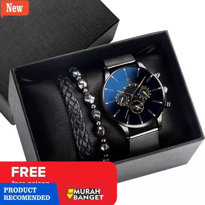Jam pria analog terbaik- Jam Tangan Pria Gelang Set - Jam Tangan Kado - Jam Tangan Pria Kasual - Jam