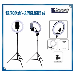 Paket Komplit Tripod  2M + Lampu RING LIGHT LED 26CM MAKE UP selfie / Paket Komplit Tripod  2M + Holder U