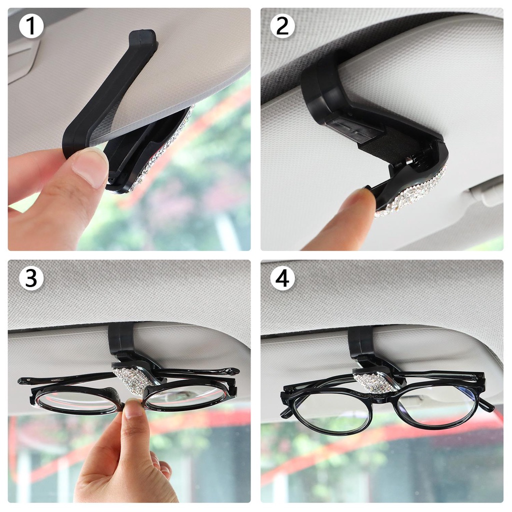 Populer 1pcs Tempat Kacamata Untuk Aksesoris Mobil Berlian Imitasi Universal Visor Card Eyeglasses Hanger