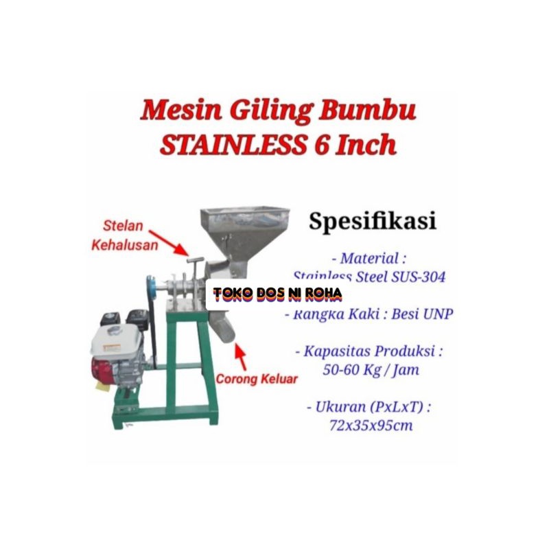 Mesin Giling Bumbu 6" Stainless Steel Komplit Mesin 7,5HP Bensin