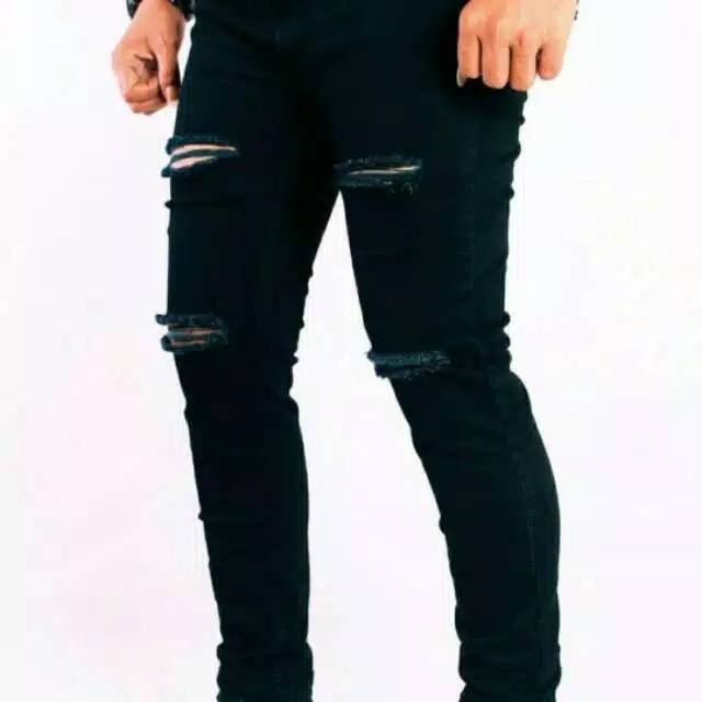 Celana jeans pria sobek dua sisi celana hitam panjang pria ripped jeans celana slimfit