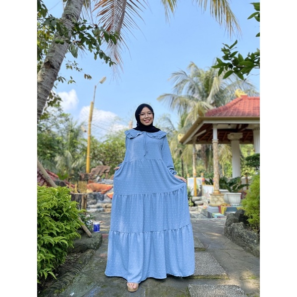Gamis Jumbo long Dress Gamis Lebaran Idul fitri Gamis rubiah Crincle kerah korea Gamis rubiah Umpak-Blue wardah