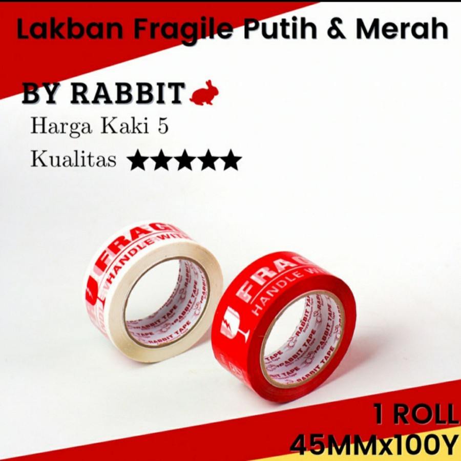 

Lakban Fragile Merah Rabbit Tape 45mm x 100 yard / Kualitas Ok