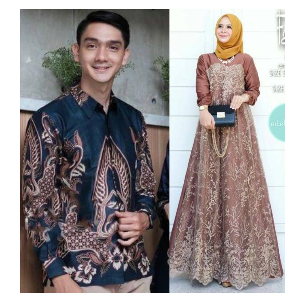 [READY JUMBO] Baju Batik Couple Gamis Brukat Modern Couple Batik Gamis Tunangan Baju Batik Gamis Brukat Couple Brukat Kemeja Batik Premium